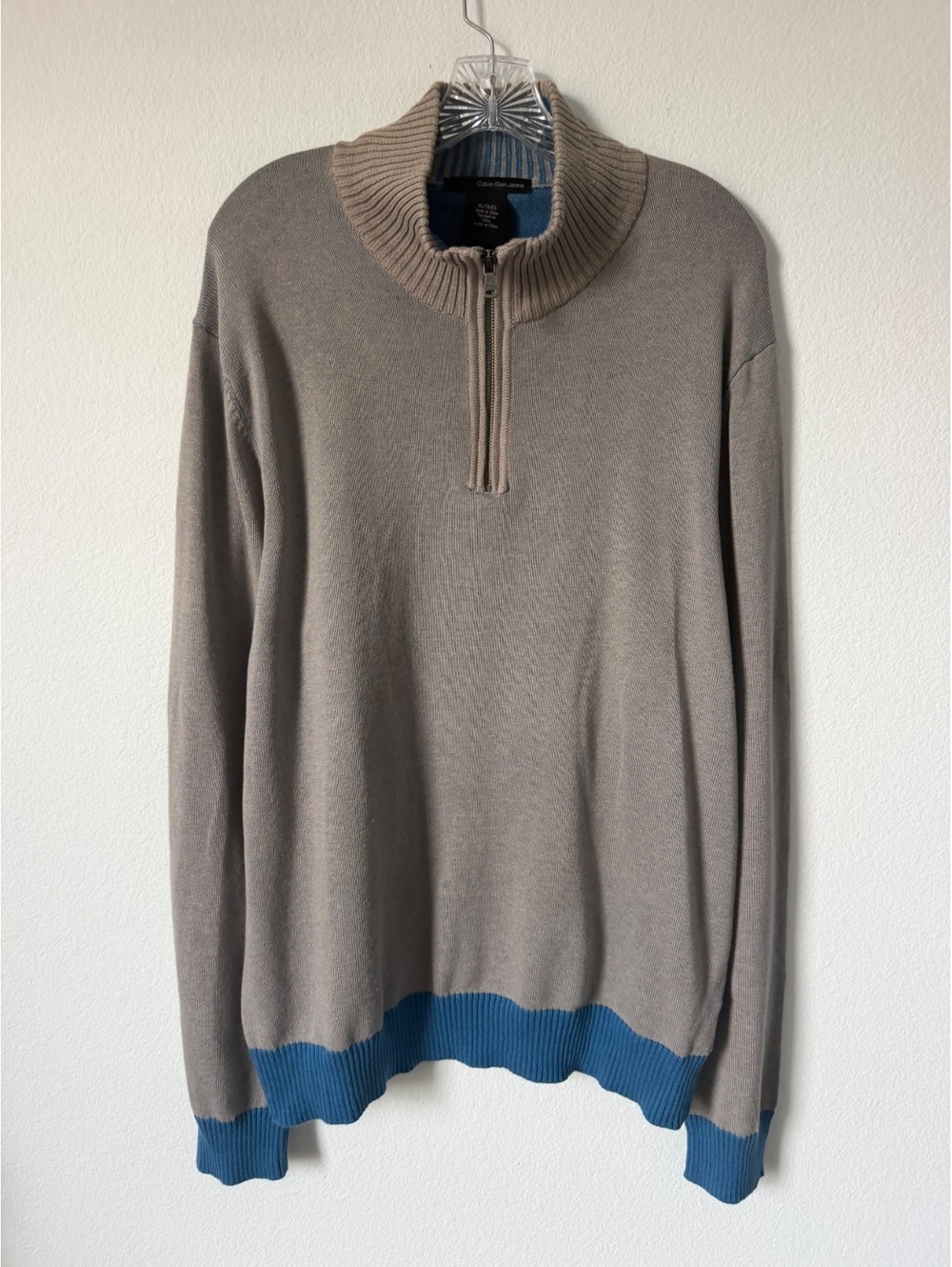 Calvin Klein Jeans 1/4 Zip Mock Neck Brown/Blue Casual Sweater Men's Size XL